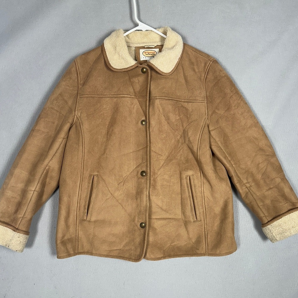 Talbots Jacket Womens Large Petite Faux Shearling Tan Suede Machine Washable EUC